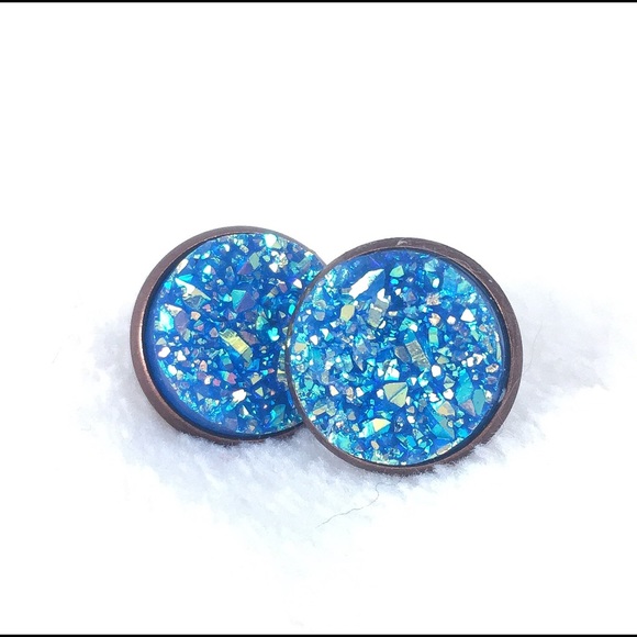 Jewelry - Turquoise Iridescent Glitter Druze Stud Earrings